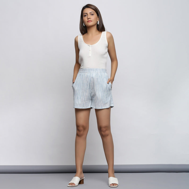 Front View of a Model wearing Crinkled Cotton Straight Top and Shorts Set
