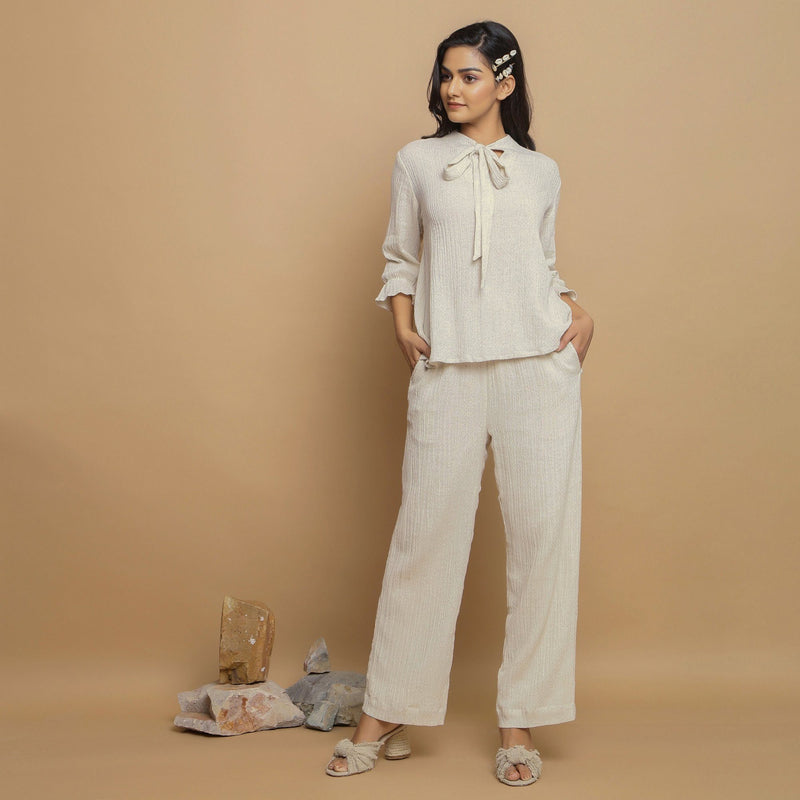Front View of a Model wearing Relaxed Cotton Flax Ecru Top and Pant Set
