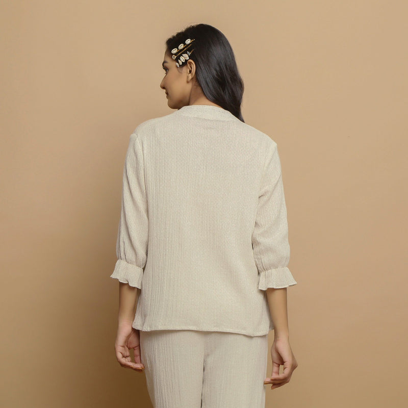 Back View of a Model wearing Crinkled Cotton Flax Undyed Straight Top