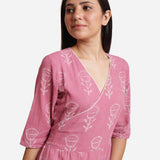 Front Detail of a Model wearing Dabu Block Print Fuchsia Cotton Maxi Wrap Dress