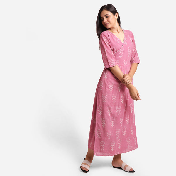 Right View of a Model wearing Dabu Block Print Fuchsia Cotton Maxi Wrap Dress