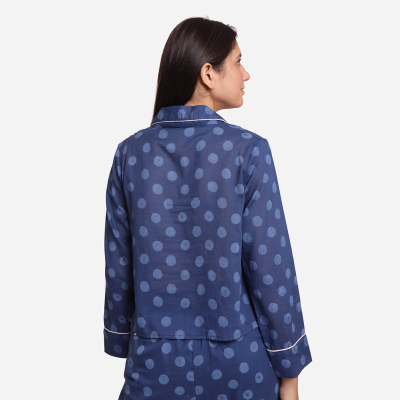Back View of a Model wearing Indigo Polka Dot Block Printed Cotton Notched Collar Shirt