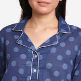 Front Detail of a Model wearing Indigo Polka Dot Block Printed Cotton Notched Collar Shirt