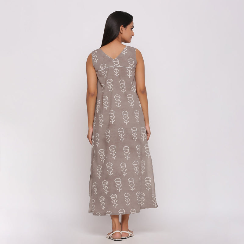 Back View of a Model wearing Grey Dabu Block Printed Cotton Shift Maxi Dress