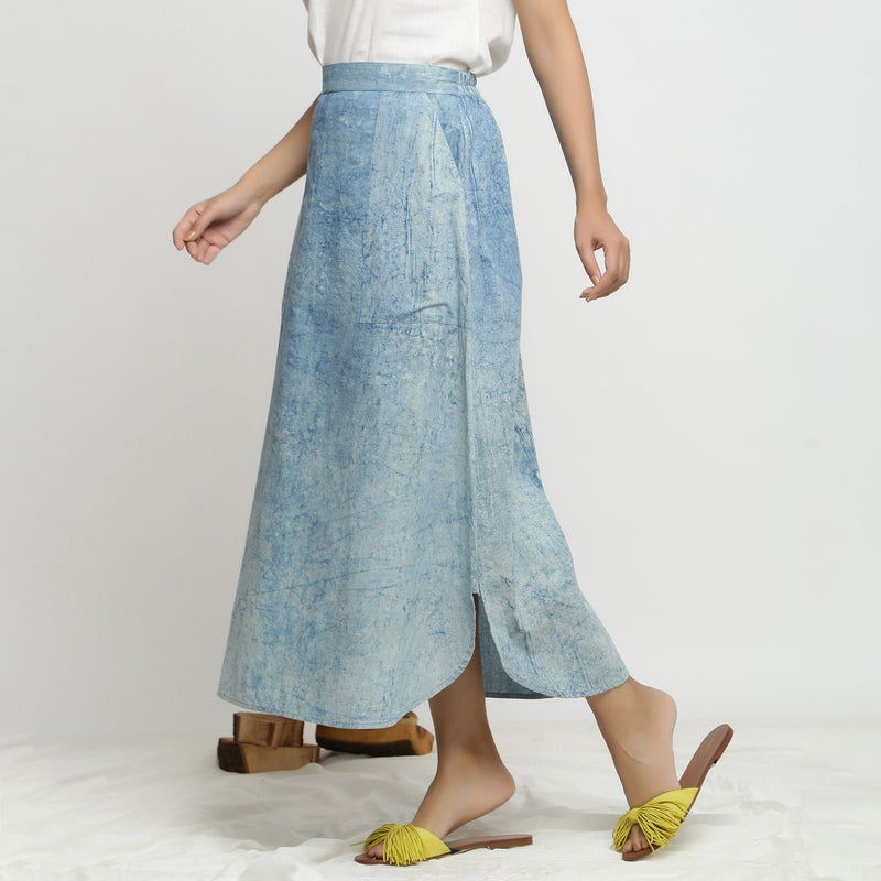 Left View of a Model wearing Dabu Printed Breezy Blue A-Line Skirt