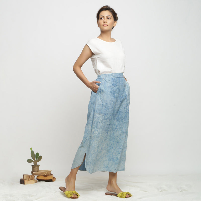 Right View of a Model wearing Dabu Printed Breezy Blue A-Line Skirt