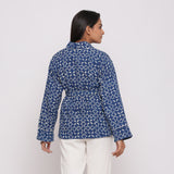 Back View of a Model wearing Indigo Warm Block Printed Front Open Short Cotton Overlay
