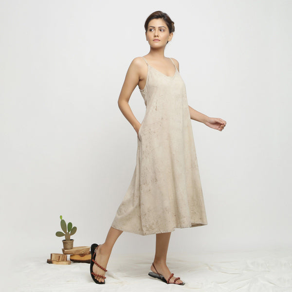 Right View of a Model wearing Dabu Hand-Lep A-Line Beige Dress