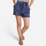 Front View of a Model wearing Indigo Dabu Print High Rise Comfort Fit Shorts