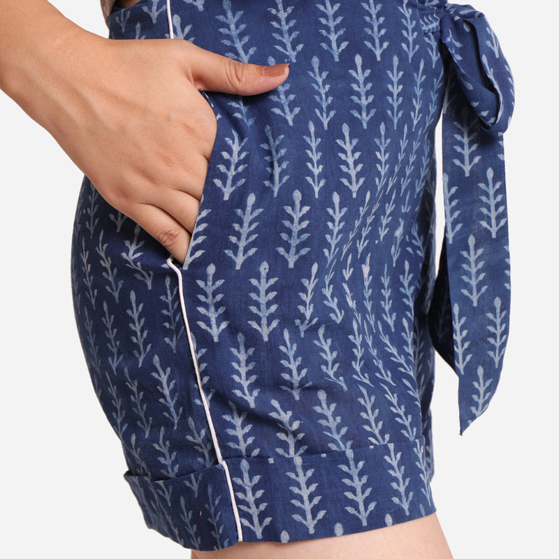 Right Detail of a Model wearing Indigo Dabu Print High Rise Comfort Fit Shorts