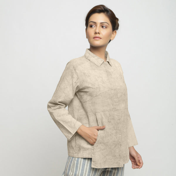 Front View of a Model wearing Dabu Printed Natural Dyed Beige Top