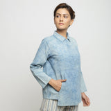 Right View of a Model wearing Blue Dabu Printed Natural Dyed Cotton Button-Down Top