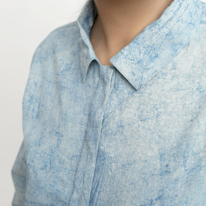 Close View of a Model wearing Dabu Printed Natural Dyed Blue Top