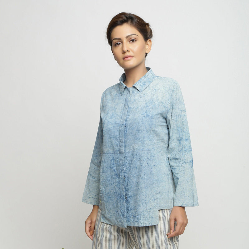 Front View of a Model wearing Dabu Printed Natural Dyed Blue Top