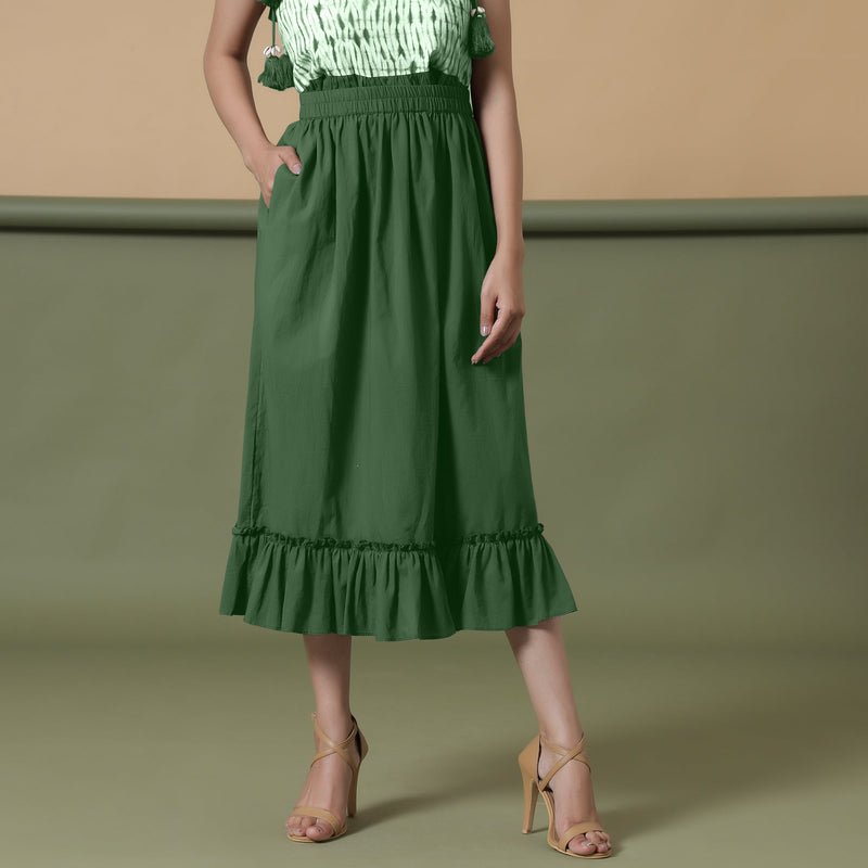 Front View of a Model wearing Dark Green A-Line Ruffled Cotton Skirt