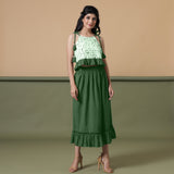 Front View of a Model wearing Dark Green A-Line Ruffled Cotton Skirt