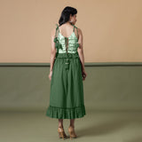 Back View of a Model wearing Dark Green A-Line Ruffled Cotton Skirt