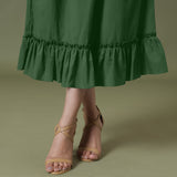 Close View of a Model wearing Dark Green A-Line Ruffled Cotton Skirt