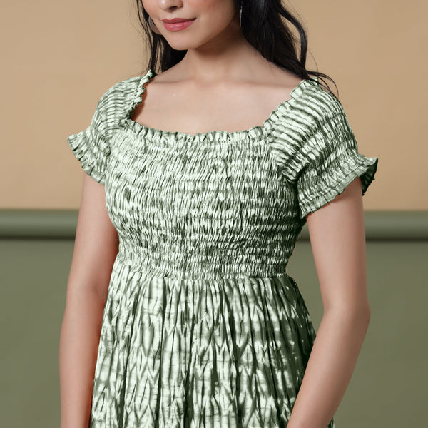 Front Detail of a Model wearing Dark Green Shibori Elasticated Gathered Dress