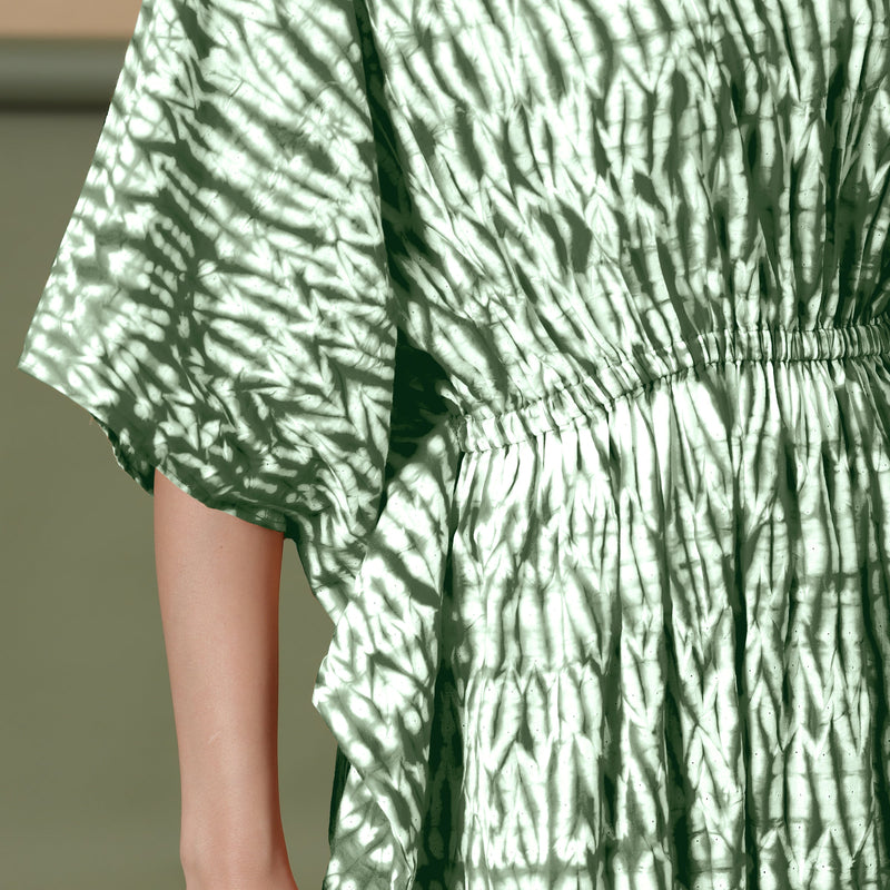 Front Detail of a Model wearing Dark Green Shibori Kaftan Dress