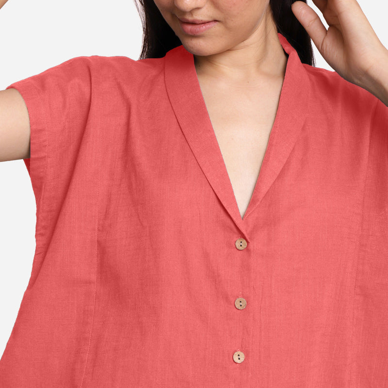 Front Detail of a Model wearing Red Deep Neck Button-Down Cotton Top
