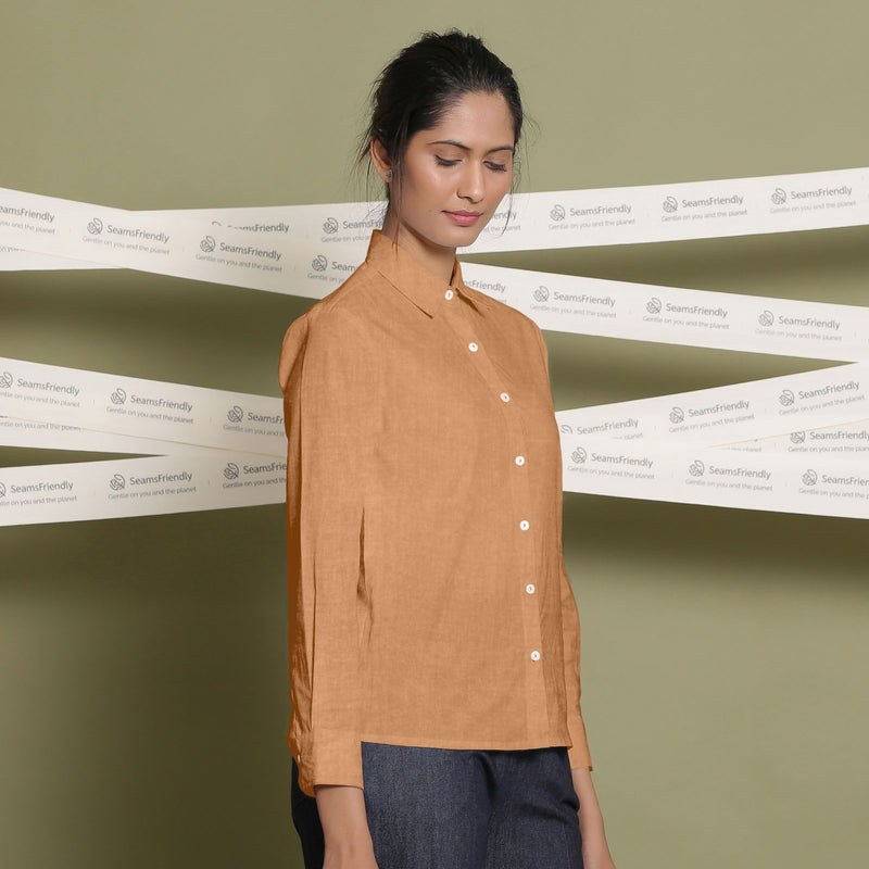 Right View of a Model wearing Desert Yellow Linen Cuff Sleeves Button-Down Shirt