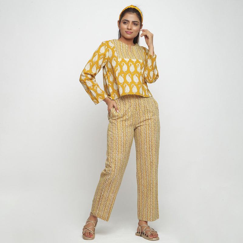 Front View of a Model wearing Yellow Bagru Block Printed Top and Pant Set