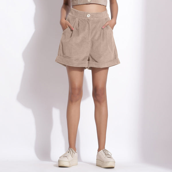 Front View of a Model wearing Dusk Beige Cotton Corduroy Baggy Shorts