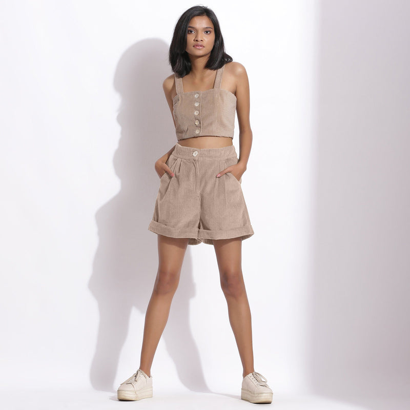 Front View of a Model wearing Dusk Beige Cotton Corduroy Baggy Shorts