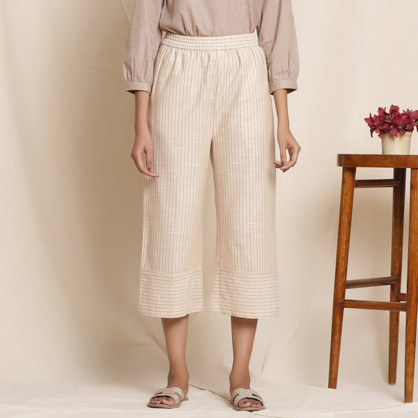 Front View of a Model wearing Dusk Beige Warm Cotton Culottes Striped Pant