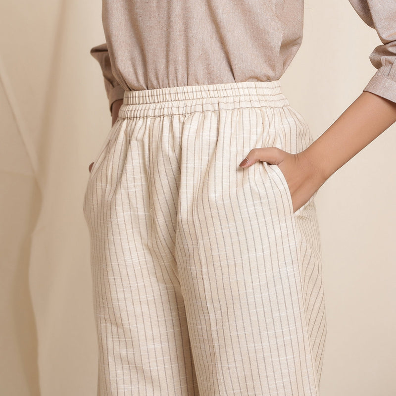 Front Detail of a Model wearing Dusk Beige Warm Cotton Culottes Striped Pant