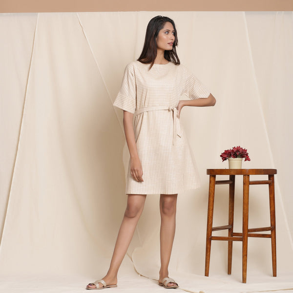 Front View of a Model wearing Dusk Beige Striped 100% Cotton Short Sack Dress