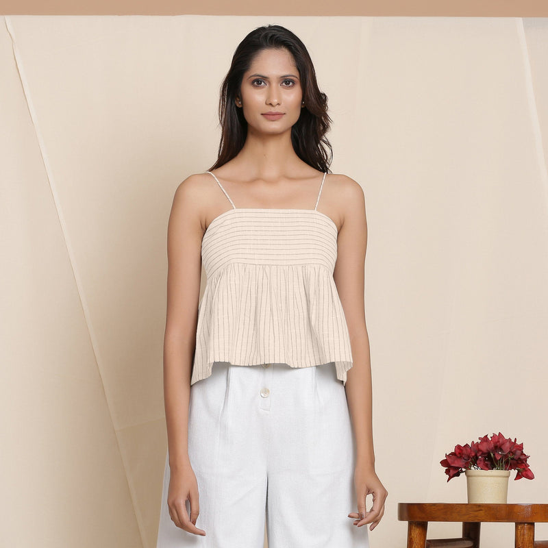 Front View of a Model wearing Dusk Beige Striped Cami Top