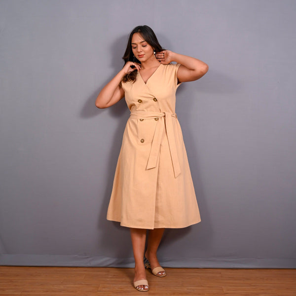 Front View of a Model wearing Dusk Beige Warm Cotton Flannel Button-Down A-Line Midi Dress