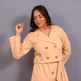 Front Detail of a Model wearing Dusk Beige Warm Cotton Flannel Double-Breasted Button-Down Shacket