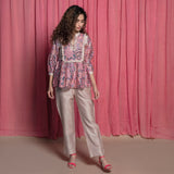 Front View of a Model wearing Dust Pink Chanderi Cotton Block Print Frilled Top