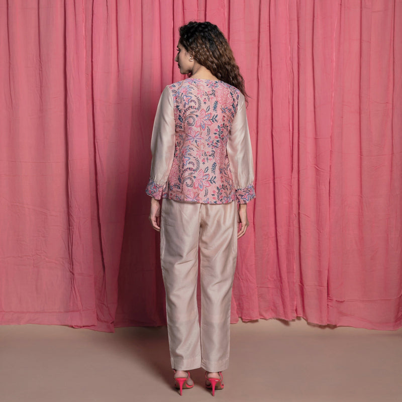 Back View of a Model wearing Dust Pink Chanderi Block Printed Wrap Cotton Top