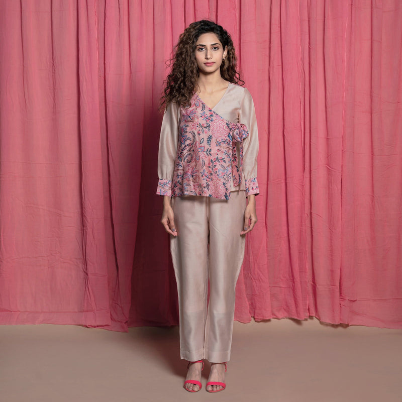 Front View of a Model wearing Dust Pink Chanderi Block Printed Wrap Cotton Top