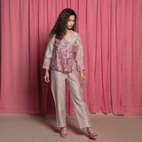 Front View of a Model wearing Dust Pink Chanderi Block Printed Wrap Cotton Top