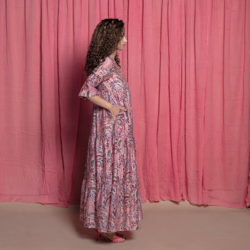 Right View of a Model wearing Dust Pink Cotton Chanderi Block Printed Floor Length Dress