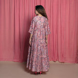 Back View of a Model wearing Dust Pink Cotton Chanderi Block Printed Floor Length Dress
