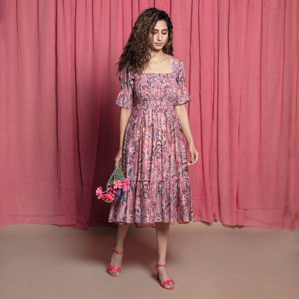 Front View of a Model wearing Dust Pink Cotton Chanderi Block Print Dress