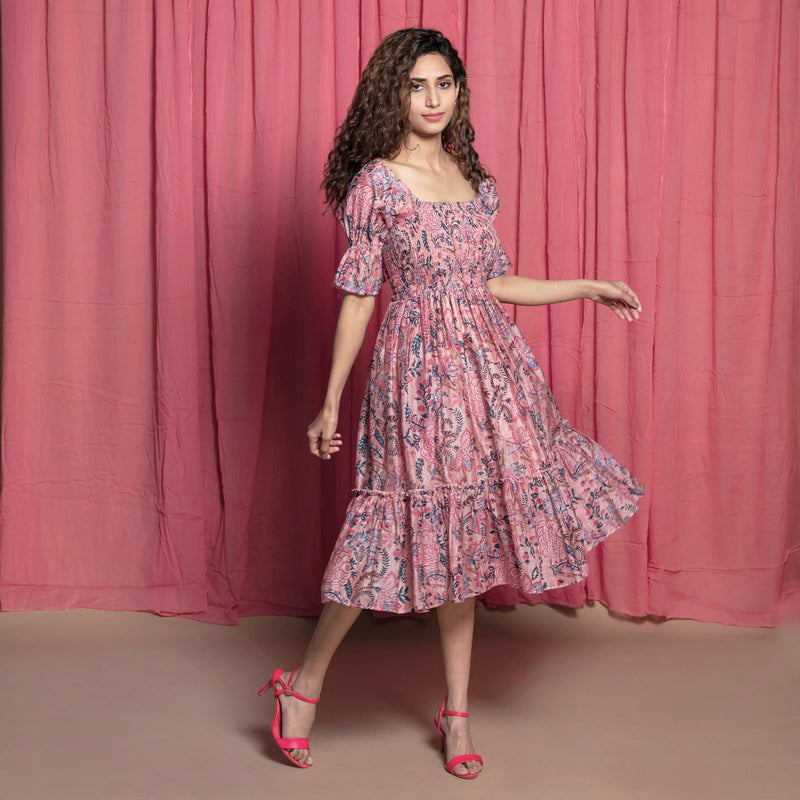 Right View of a Model wearing Dust Pink Cotton Chanderi Block Print Dress