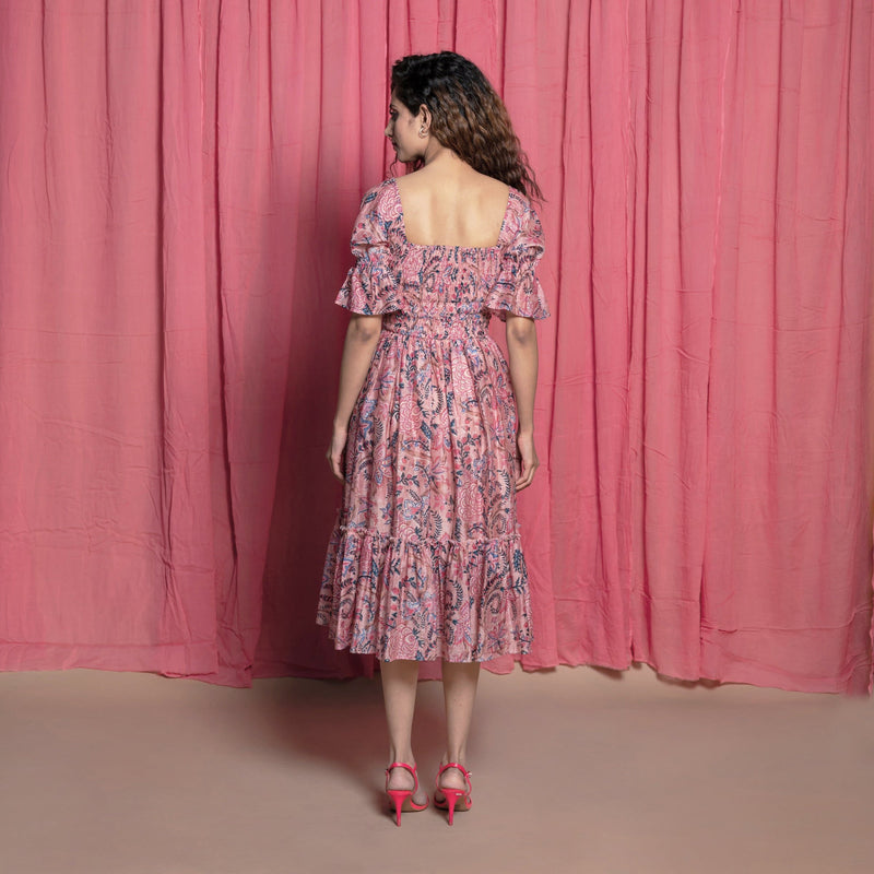 Back View of a Model wearing Dust Pink Cotton Chanderi Block Print Dress