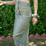 Ecru and Sap Green Checks Crinkled Cotton Boho Ruched Adjustable Slit Midi Skirt