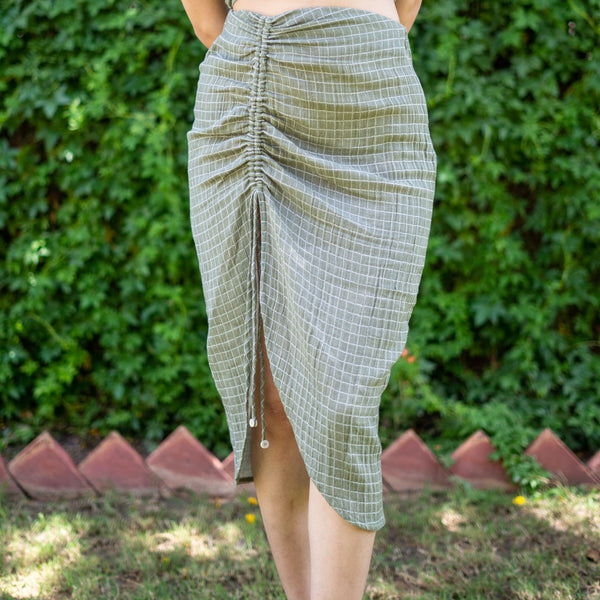 Ecru and Sap Green Checks Crinkled Cotton Boho Ruched Adjustable Slit Midi Skirt