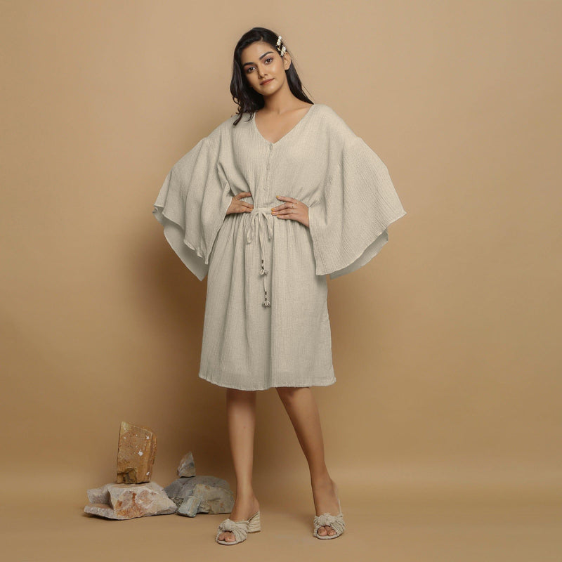 Ecru Crinkled Cotton Flax V-Neck Drop Shoulder Sleeves Knee Length Dress