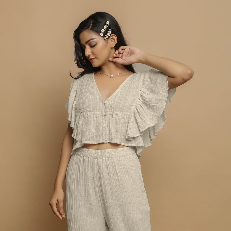 Ecru Undyed Crinkled Cotton Flax Butterfly Sleeves Crop Top