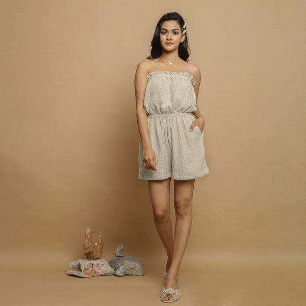 Ecru Undyed Crinkled Cotton Flax Tube Playsuit