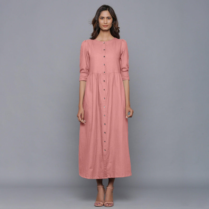 Front View of a Model wearing English Rose Flannel Gathered Dress